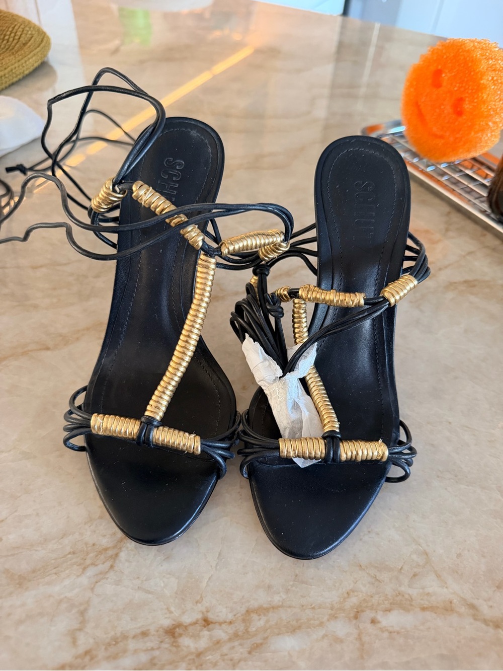 Shutz Black Strappy Sandals with Gold Accents - Women
